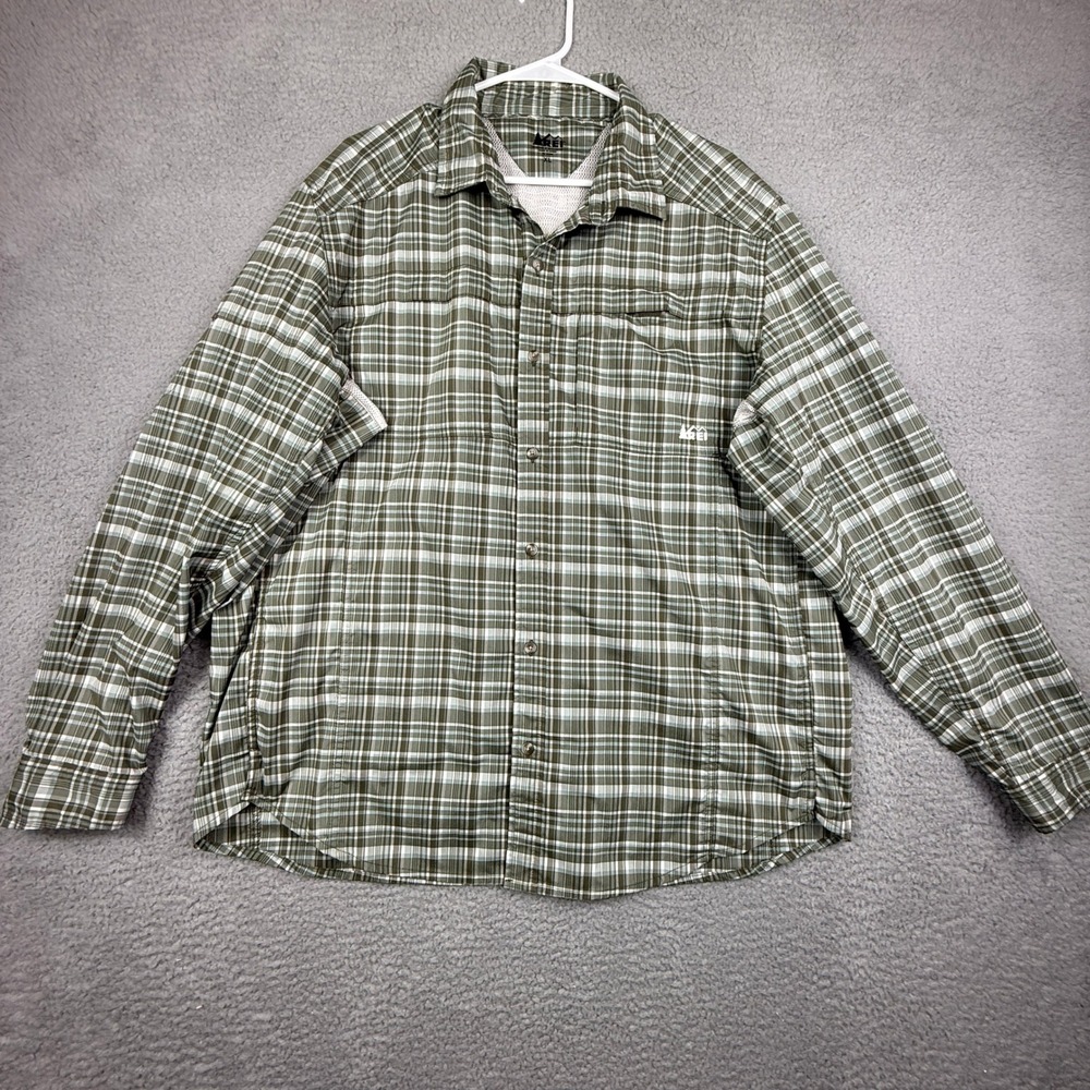 REI Co-op XL‎ Mens Performance Plaid Button Up Shirt Outdoor Hiking Travel Green